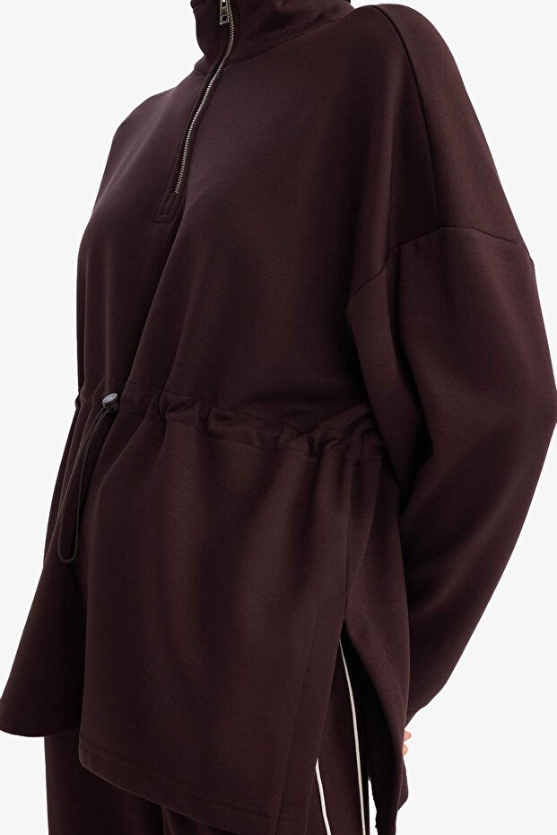 Long Fit Dik Yaka Beli Lastikli Yarım Fermuarlı Modal Sporcu Sweatshirt G4367AX25WN - 4