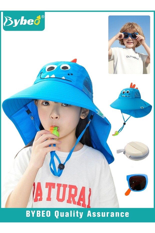 Kids Sun Hat with Sun Glasses, UPF 50+ Toddler Cartoon Sun Hat with Floppy Wide Brim, Baby Bucket Ha
