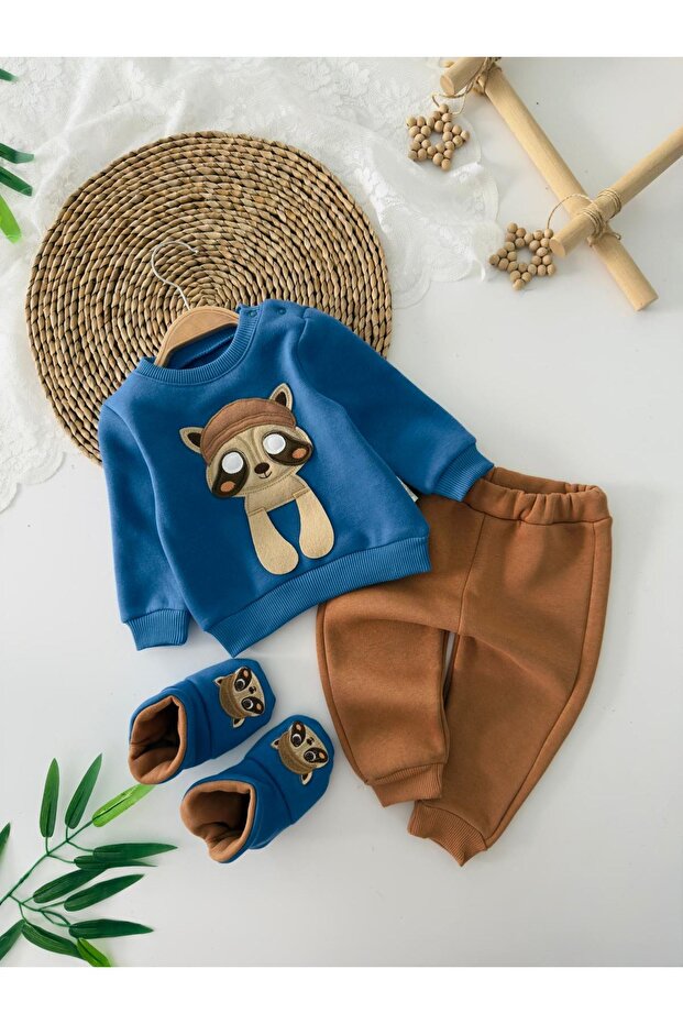 My Little One's Raccoon Embroidered Booties Baby 3-Piece Winter Set - Blue