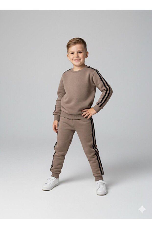 Boys' Winter Double Tracksuit with Crew Neck and Side Stripes, Ages 2-10