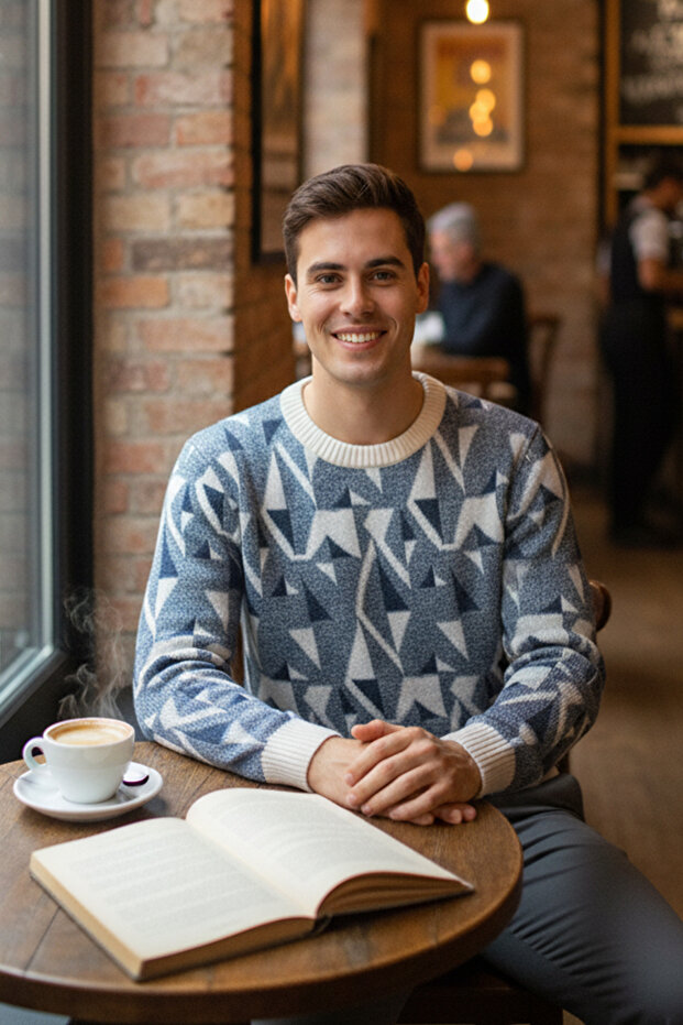 Men's Patterned Crew Neck Sweater - 3