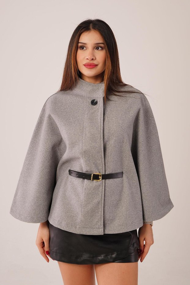Coat in Cashmere Fabric with a High Neck and Belt in Fawn Color