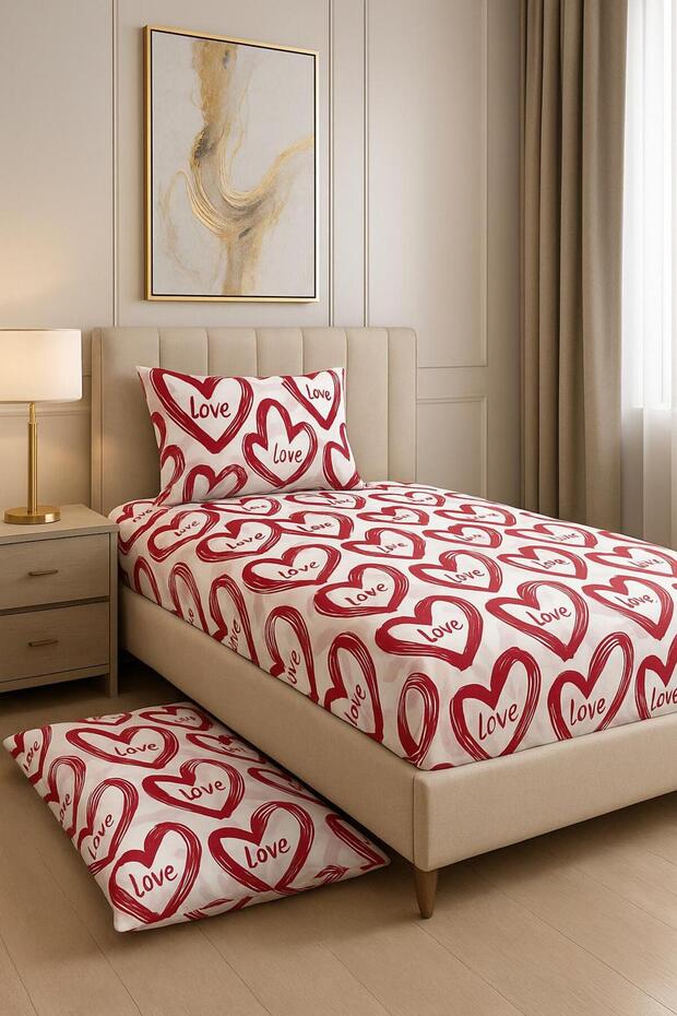 Uykuli̇fe Romantic Heart Single Person Fitted Bed Sheet Set