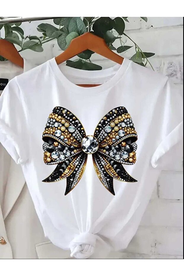 Glittering Stone Ribbon Printed T-Shirt