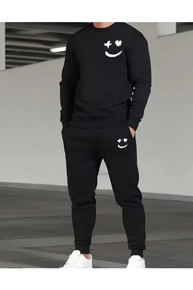 Minimalist Heart-Plus Eyed Face Printed Sweatshirt Set