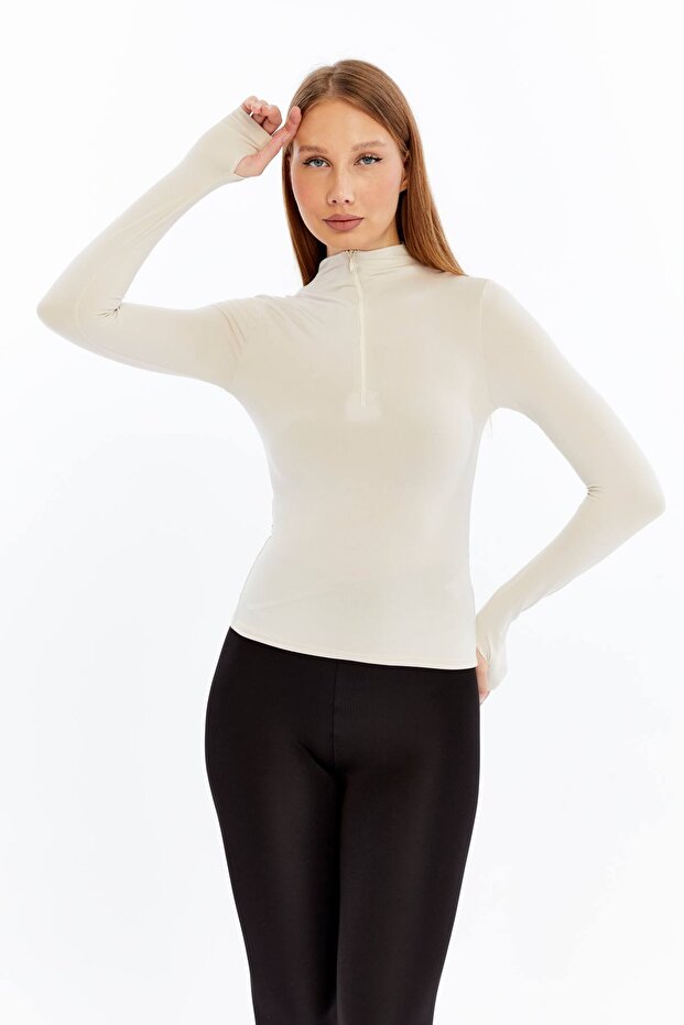 Zippered Long Sleeve T-Shirt Blouse