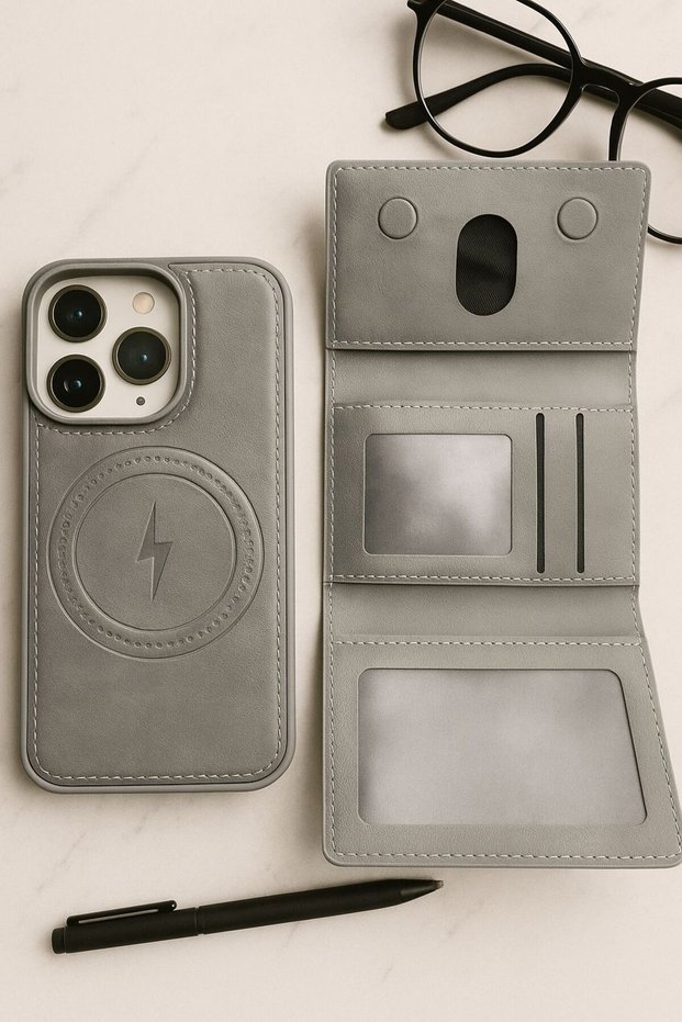 iPhone 16 Pro Gray Color Leather Wallet with Card Holder and Magsafe Featured Wallet and Case