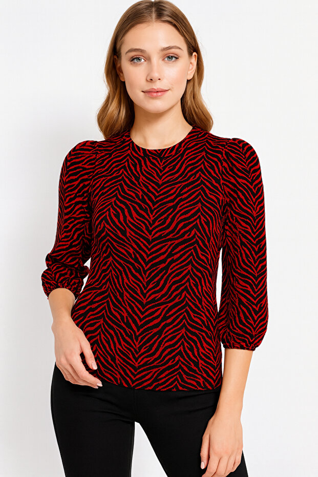 Women's Crew Neck Flexible Patterned Sporty Stylish Three Quarter Sleeve Blouse