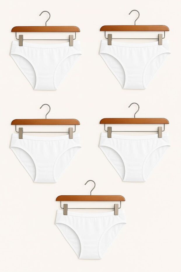 5 Pieces White Cotton Basic Daily Women's Bikini Panties – Regular Waist, Non-Marking, Flexible and Comfortable