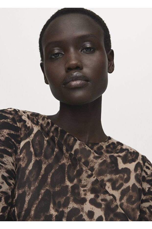 Leopar desenli drape detaylı elbise - 8