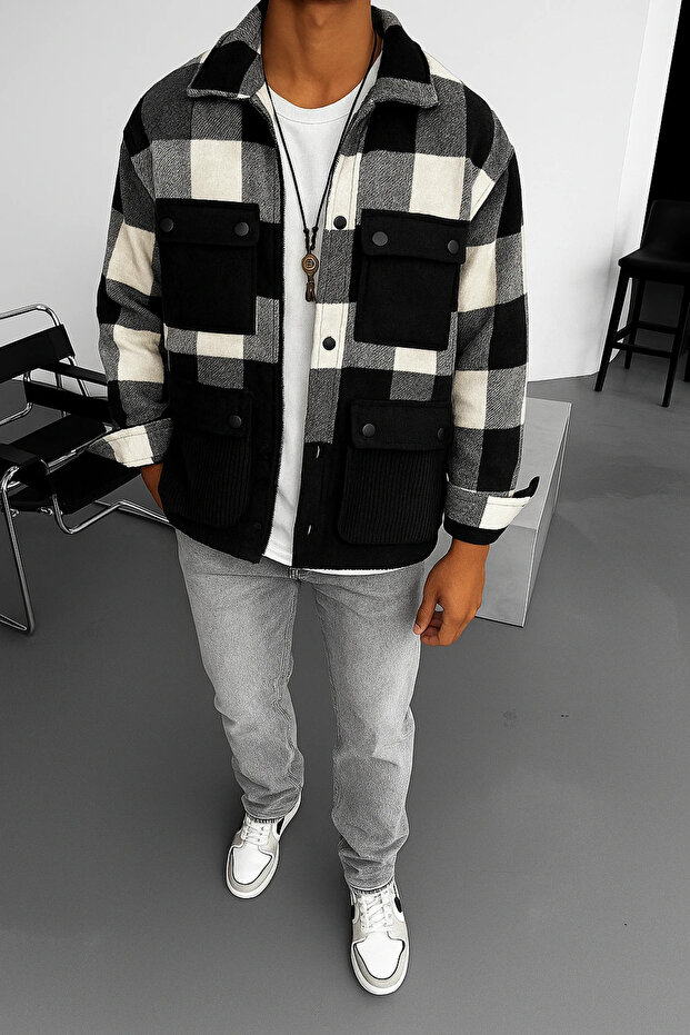 Oversized Cotton Plaid Four-Pocket Shirt