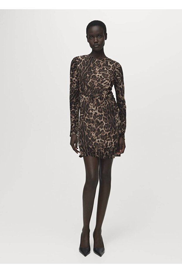 Leopar desenli drape detaylı elbise - 2