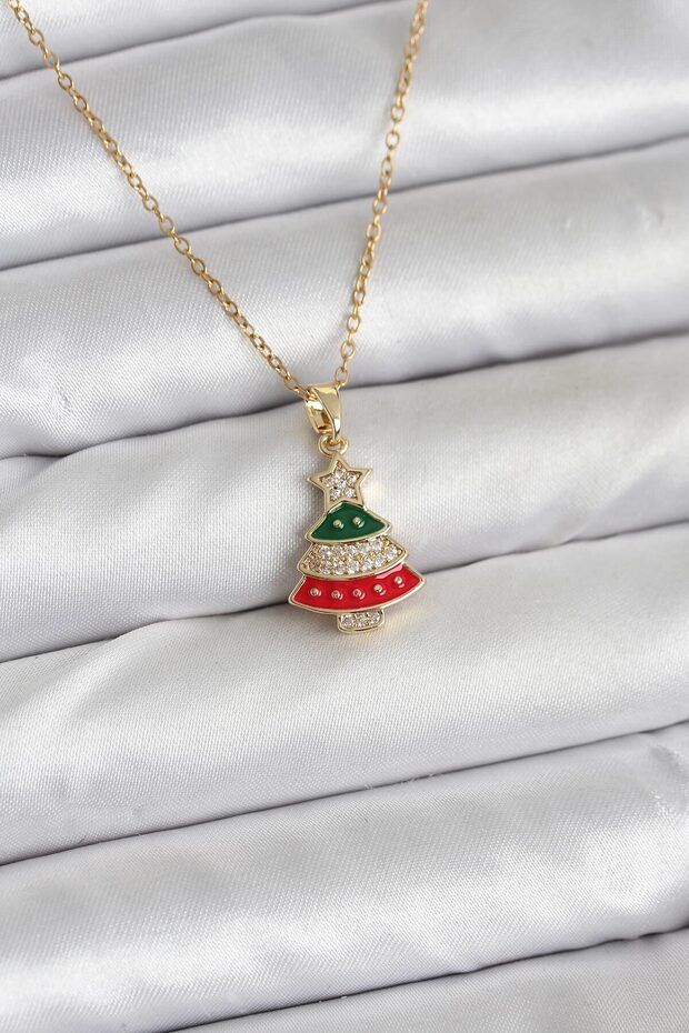 316L Steel Chain Gold Rhine Pine Tree Model Zircon Stone Christmas Themed Women's Necklace