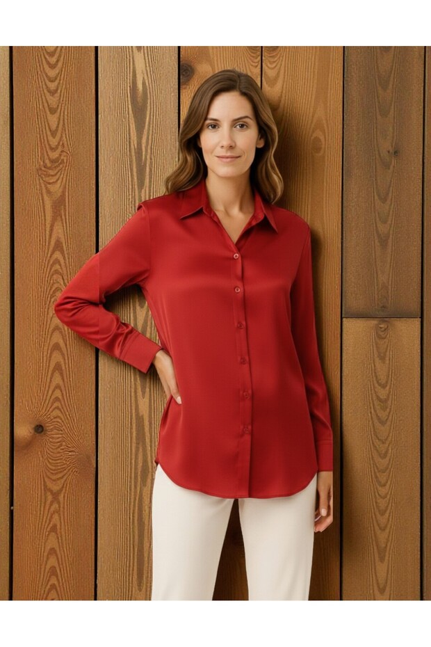 Kadın Oversize Basic saten Gömlek - Kırmızı - 2