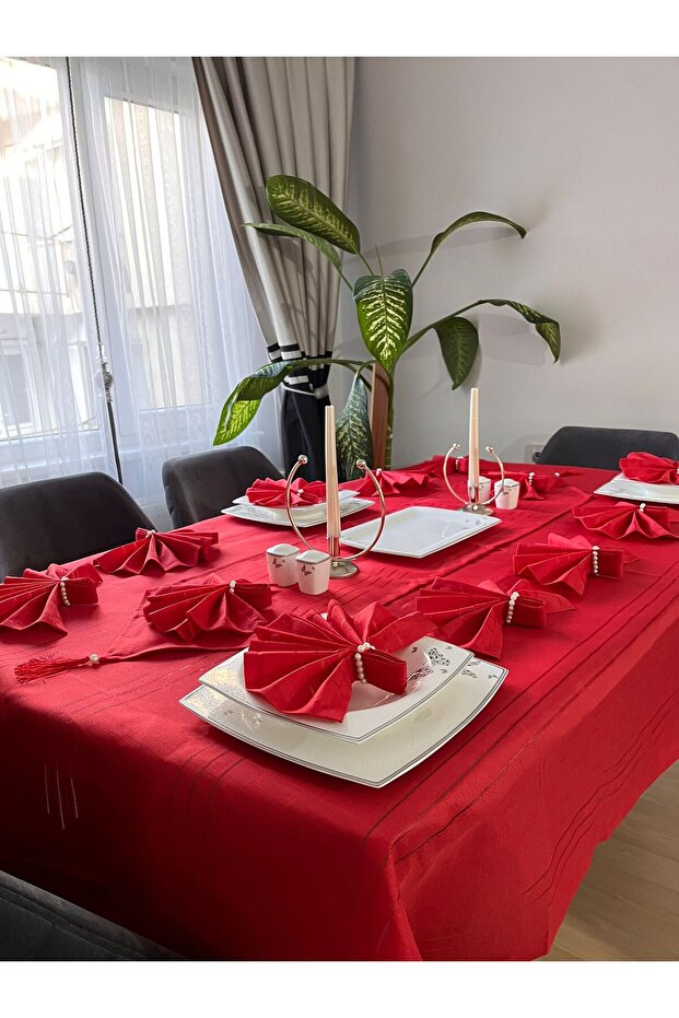 Colber Stripe Detailed Worry-Free Tablecloth Dinner Set for 12 People 26 Pieces - Table 160X220