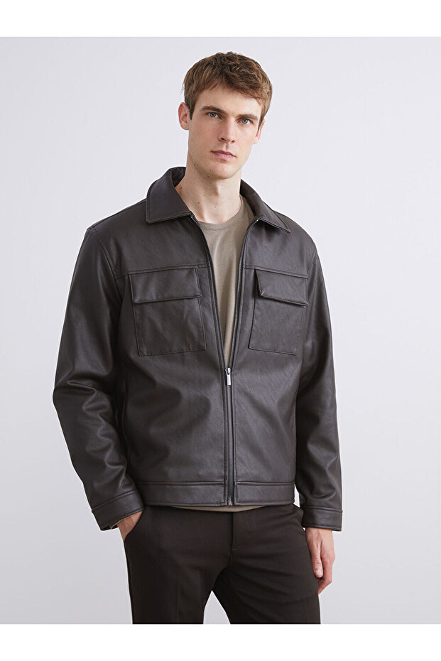 Vizyon New Season Standard Fit Shirt Collar Men's Leather-Look Coat