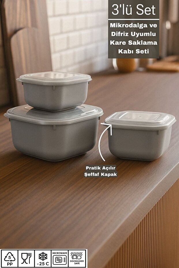 Set of 3 Microwave and Freezer Compatible Square Storage Containers - 600ml, 1100ml, 1800ml - Bpa Free