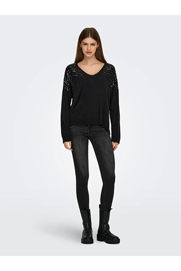 ONLSTARRY LS SEQUIN BOXY V-NECK KNT - 3