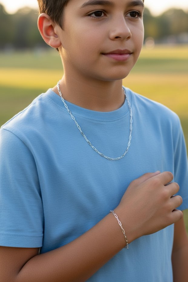 316 L Children's Steel Atac Chain Necklace and Bracelet Set of 2, Tarnish-Free, Allergy-Free, Stylish and Elegant