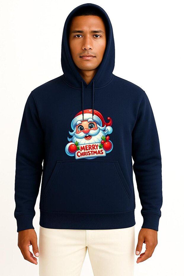 Hooded Merry Christmas New Year Chest Printed Unisex Sweatshirt