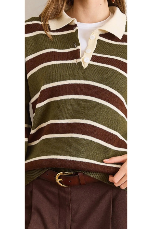 Women's Striped Polo Collar Knit Sweater