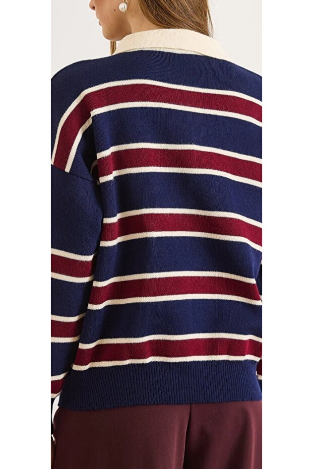 Women's Striped Polo Collar Knit Sweater
