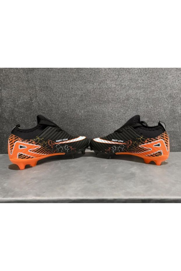 Boys' Football Cleats with Socks, Carpet Field Gear, Soccer Sports Shoes (Black-Orange Color) Filet-Garson