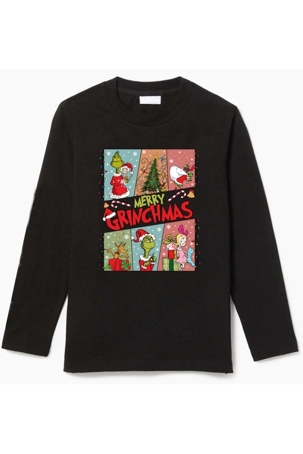 Long Sleeve 6 Photo Lights Merry Grinchmas Printed Christmas New Year Children's T-Shirt