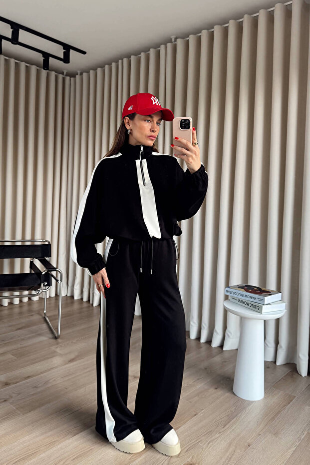 Black and White Striped Detail Zippered Oversized Modal Tracksuit Set