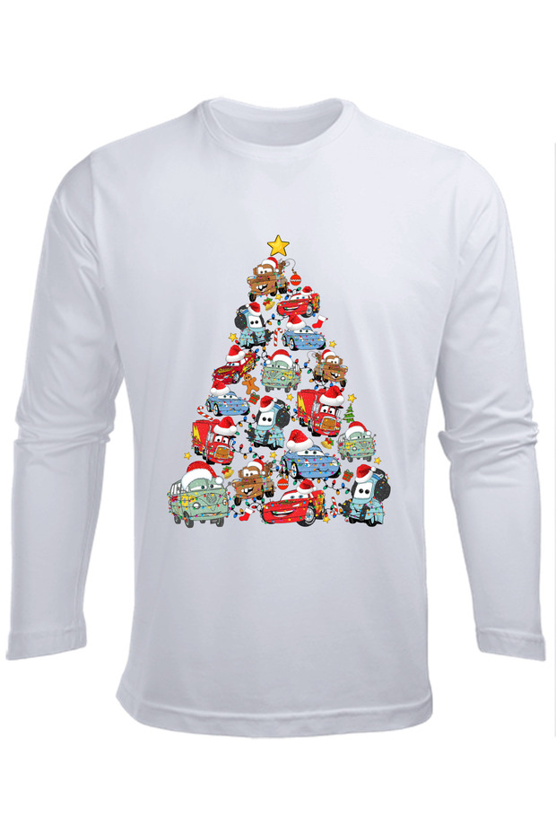 Lighted Mcqueen from Cars Long Sleeve Christmas Tree Printed Cotton New Year Children's T-Shirt