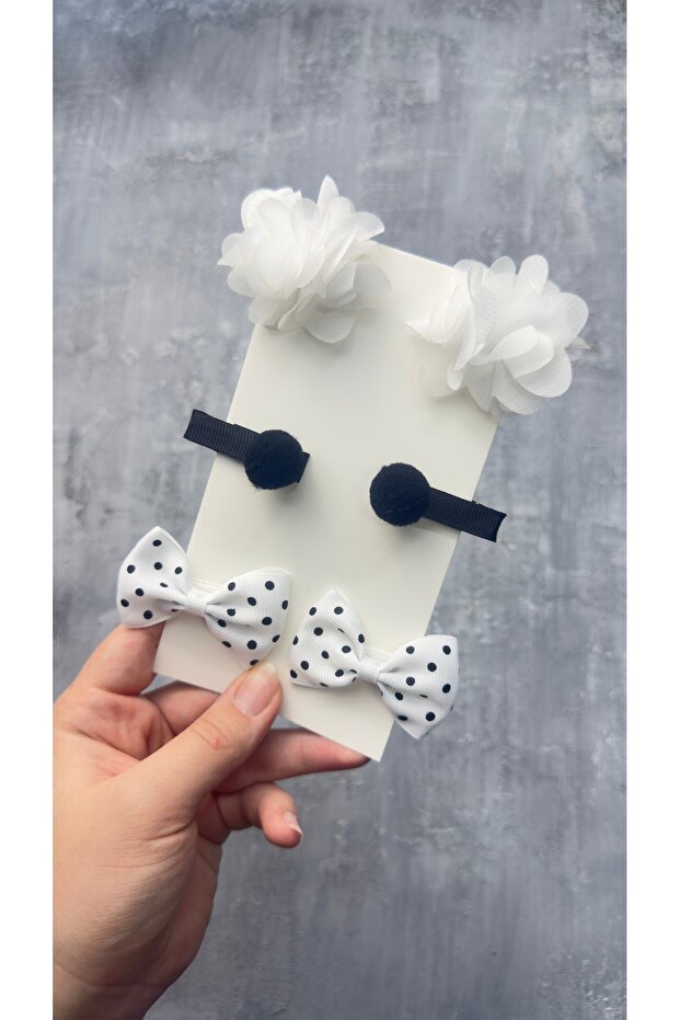 Handmade White 6-Piece Frida Bow Pompom Children's Buckle Set