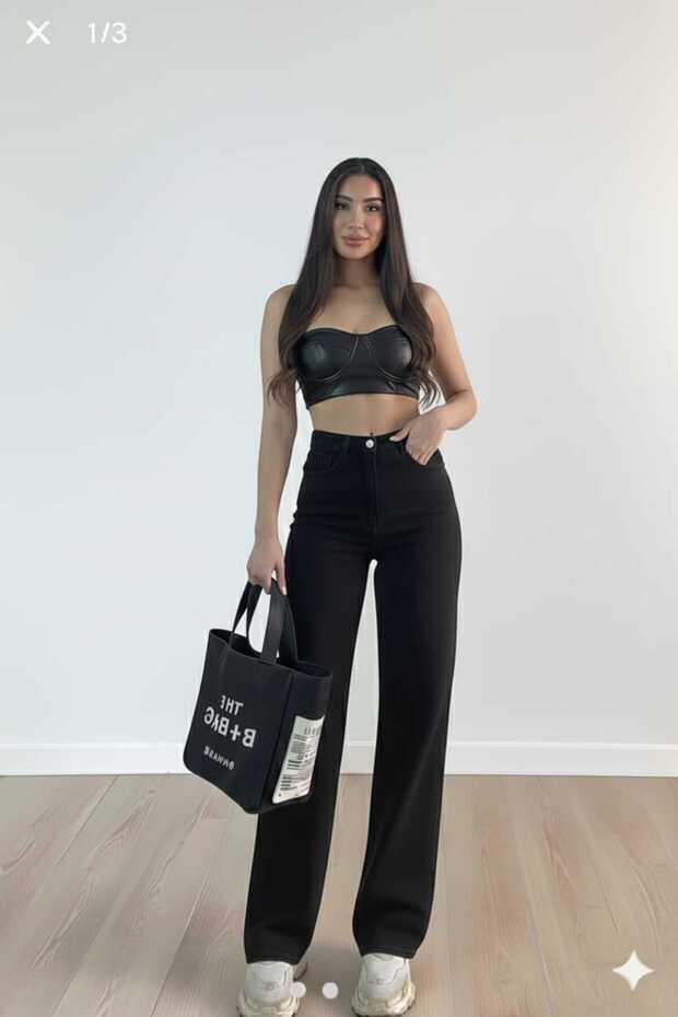 Dark Blu A.C.A.I.P Black Stretch Fabric Super High Waist Wide Leg Denim Palazzo Pants