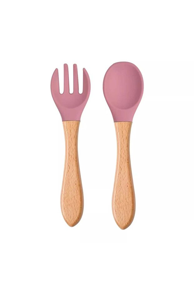 Silicone and wooden spoon and fork set – dark pink