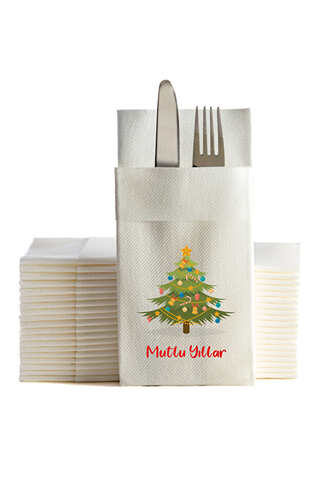 Fabric Textured Christmas Tree Printed White Pocket Napkins Pack of 6