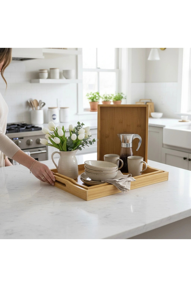 Dikdörtgen Bambu Tepsi 3'lü Set - 1