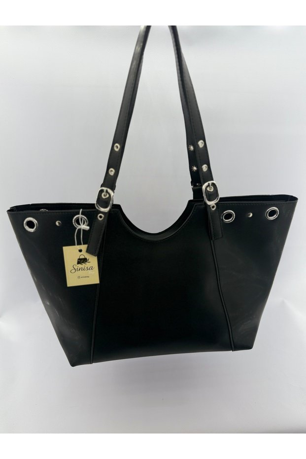 Women's Faux Leather Hand and Shoulder Bag with Ring and Belt Buckle Detail