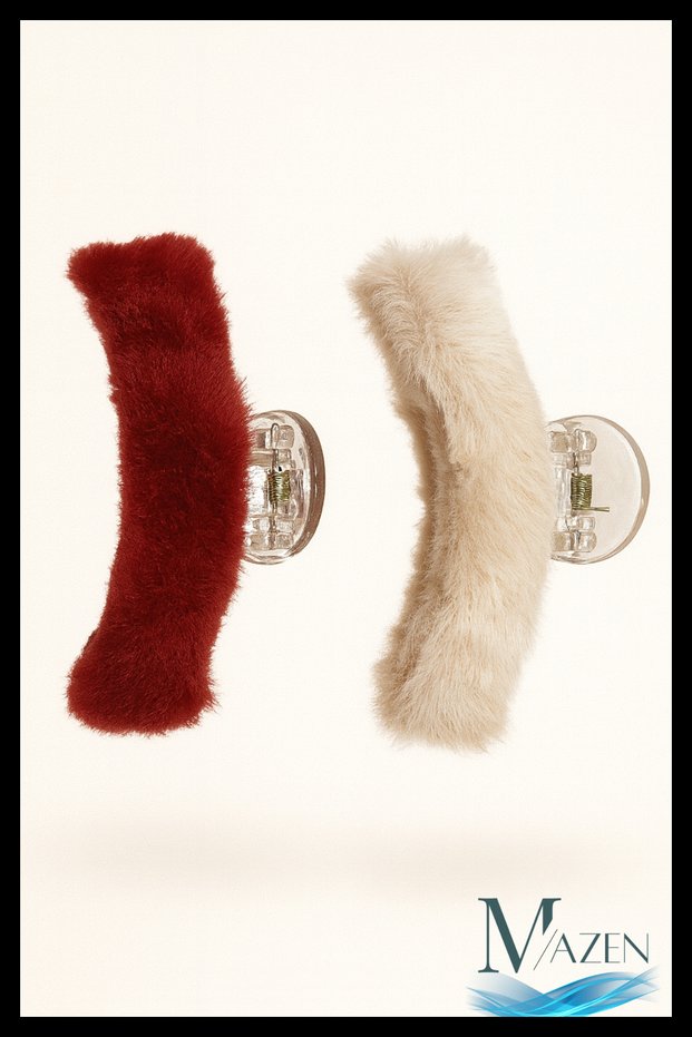 7 cm Plush Latch Buckle | Set of 2 (Burgundy–Beige) | Women's Hair Accessory
