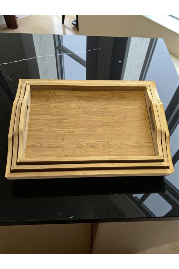 Dikdörtgen Bambu Tepsi 3'lü Set - 4