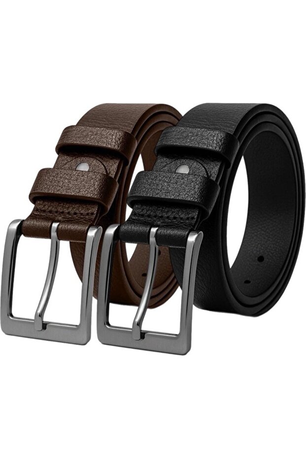 2 Pcs 100% Genuine Leather Black and Brown Men's Fabric Belt 3.4 cm