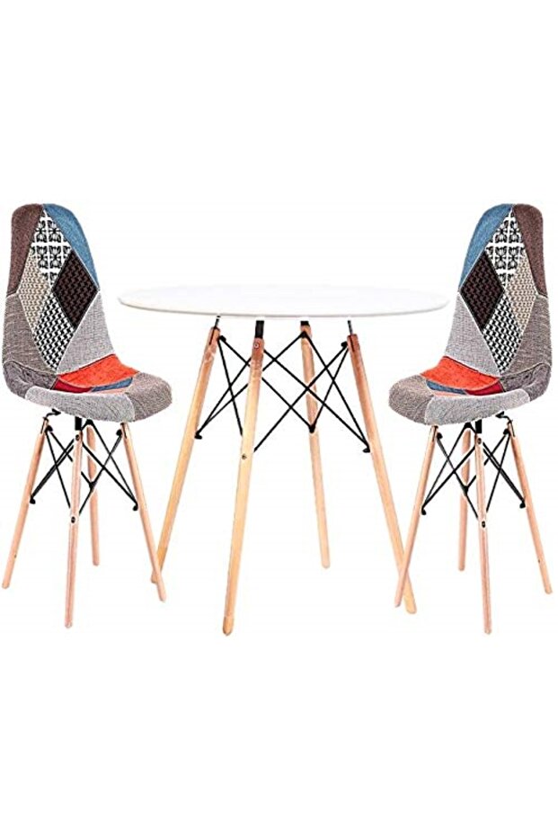 Sliko Eames 1 Round MDF Dining Table + 2 Patchwork Cushioned Chairs Dining Set - White