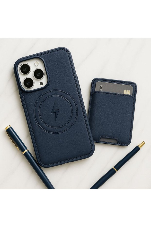 iPhone 15 Pro Dark Blue Leather Wallet with Card Holder and Magsafe Feature, Wallet and Case