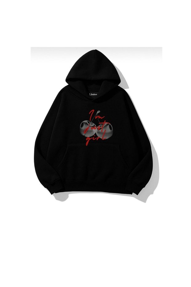 Hooded Inside Polar Cherry Printed Black Women's Hoodie Sweatshirt