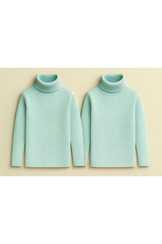 Unisex Children's Long Sleeve Full Turtleneck Corded Fabric Kaskorse Cotton Sweater Body 2Pcs Turquoise