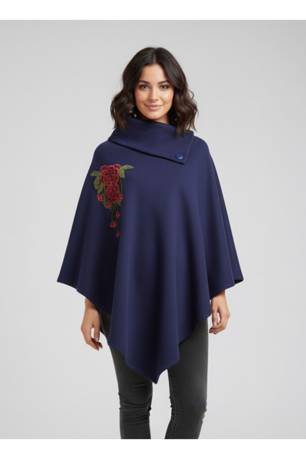 Indigo Asymmetrical Cut Flower Detailed Poncho