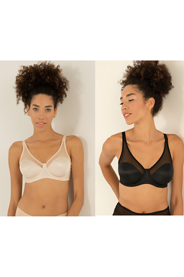 Minimizer Tulle Detailed Unpadded Shaping / Sculpting Bra Two Together Black - Skin