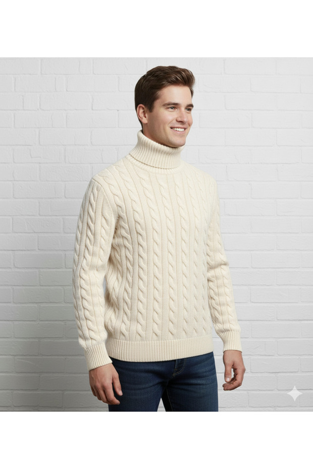 Men's High-Necked, Braided, Turtleneck Sweater
