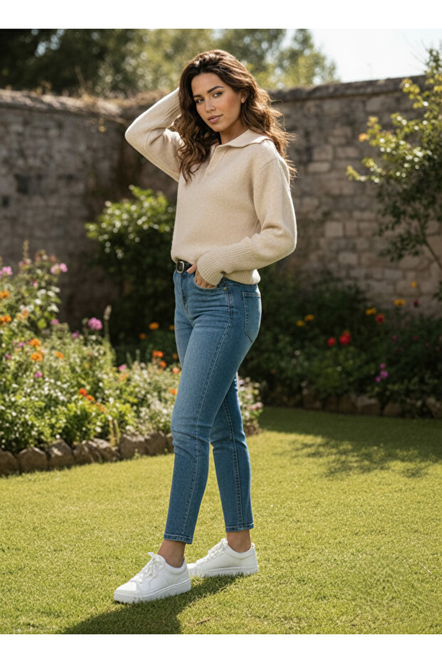 Yakalı Düğme Detaylı Basic Triko Kazak - 5