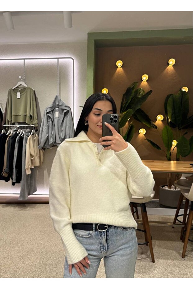 Yakalı Düğme Detaylı Basic Triko Kazak - 6