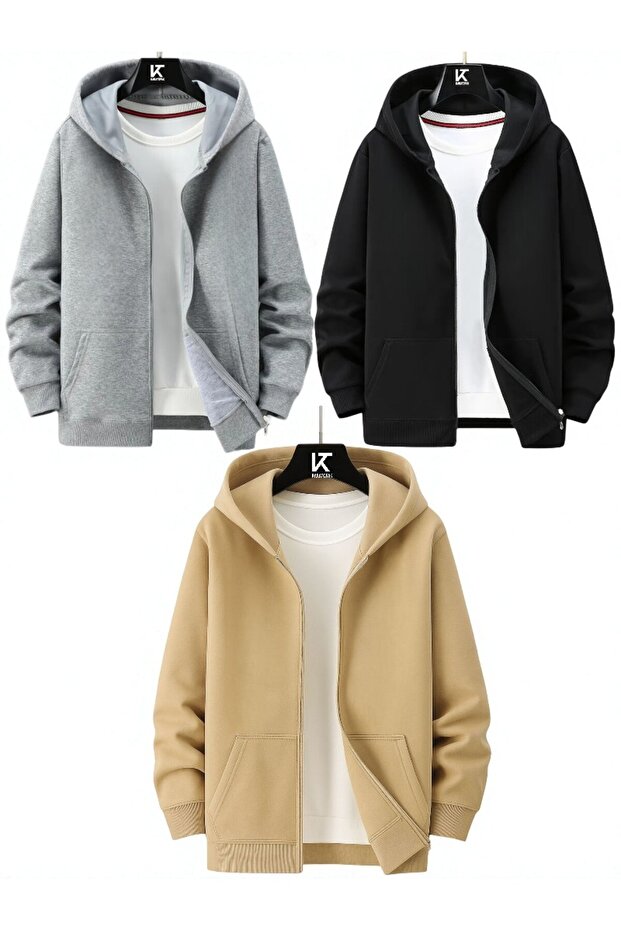 3-Piece Hooded Unisex Zippered Sweatshirt / Cardigan