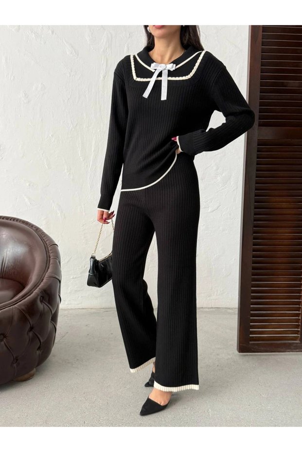Women's Black Bow Detailed Corded Fabric Piece Stylish Knitwear Set